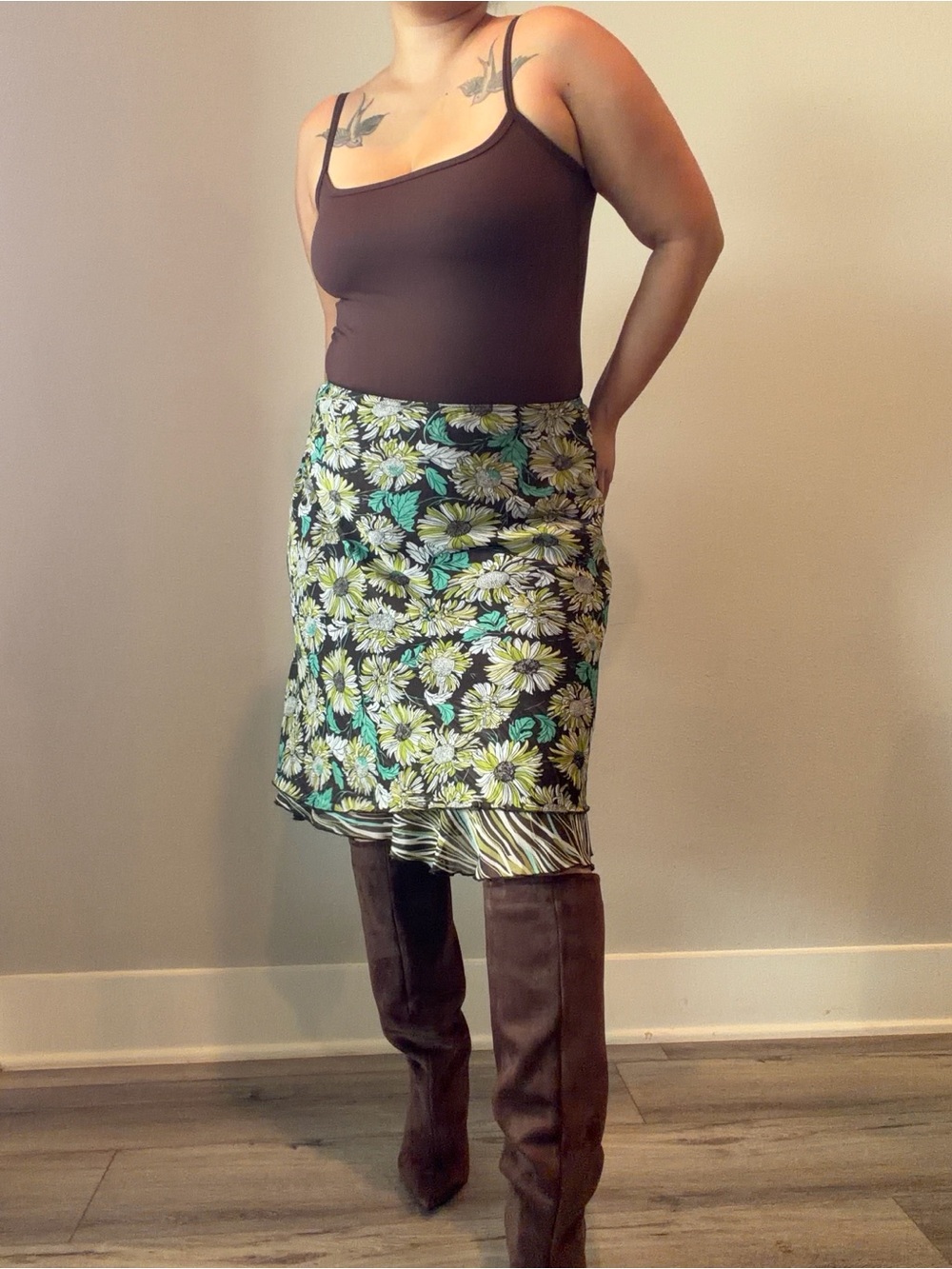 Briggs New York Floral Print Midi Skirt in Brown/ Green/ Teal